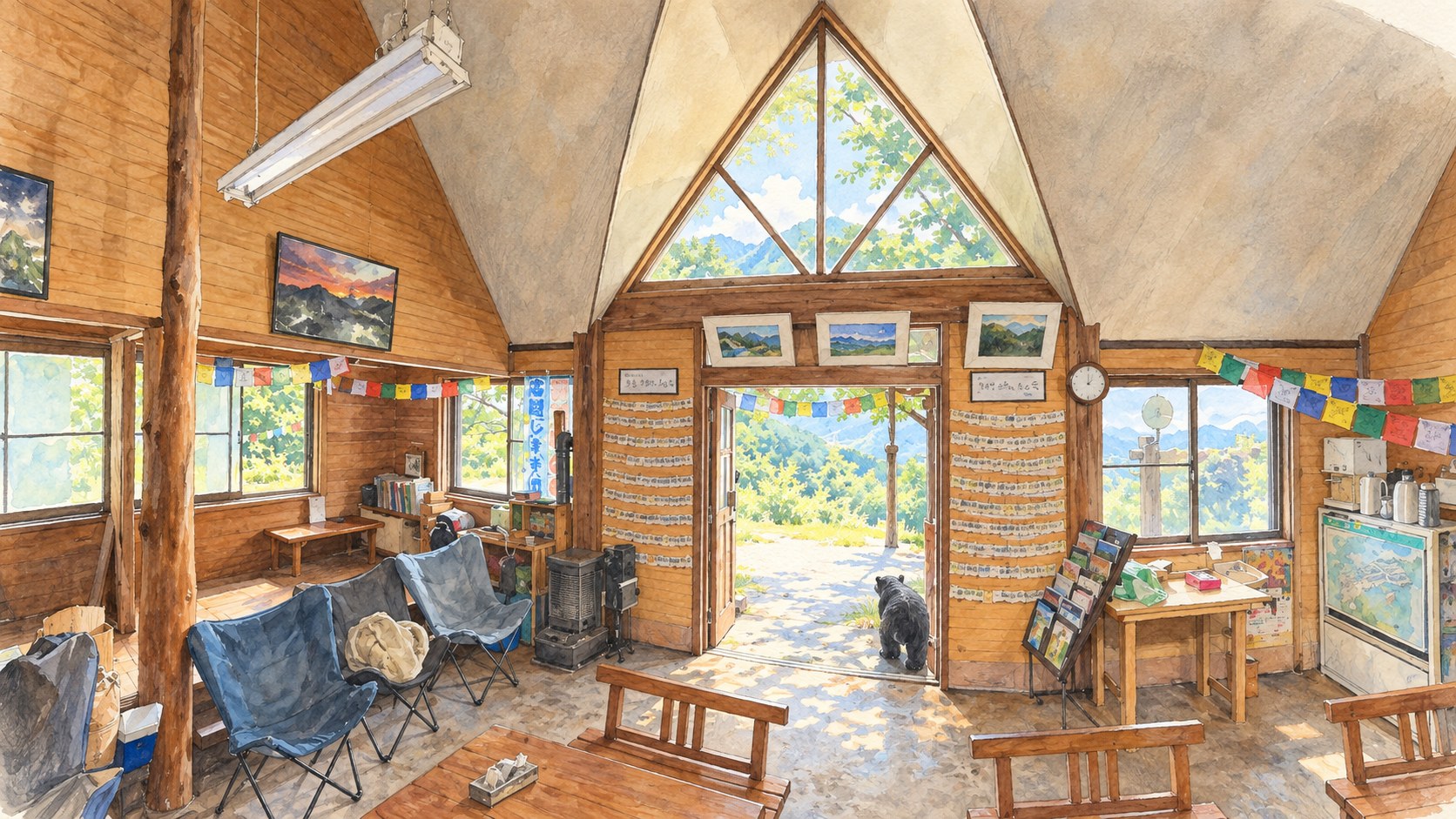 三角窓と木の机、青い椅子を描いた山の家の室内イラスト